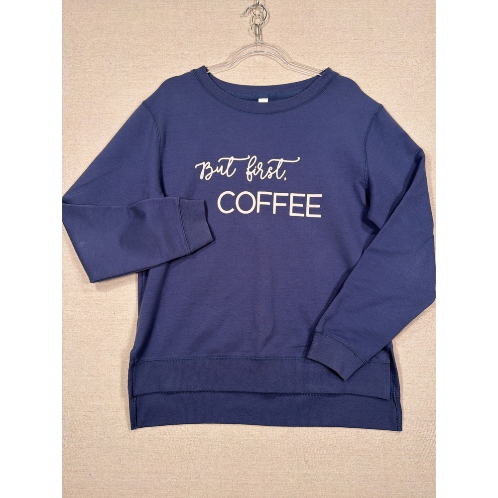 GreenTea But First Coffee Graphic Sweatshirt Navy Blue High Low Hem Medium